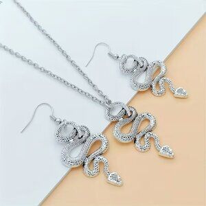 Snake Necklace & Earrings 3pc Set Serpent Trendy Stylish Dangle Pendant Goth Fun